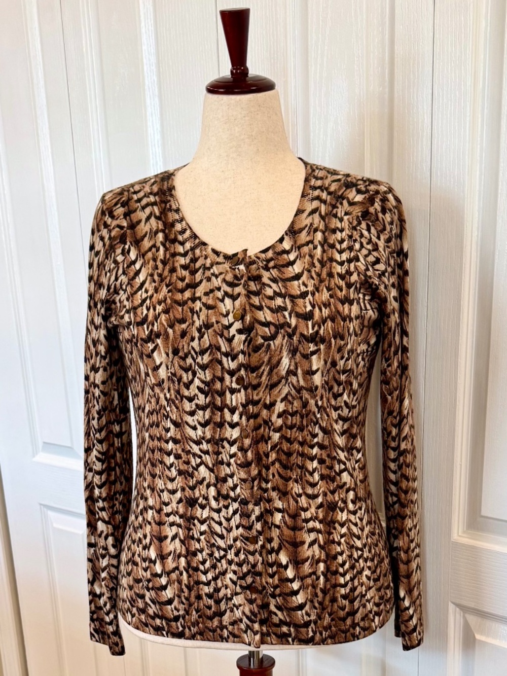 NWOT Woman's Size L, Merino Wool Button up Sweater by Talbots, Geometric Leopard
